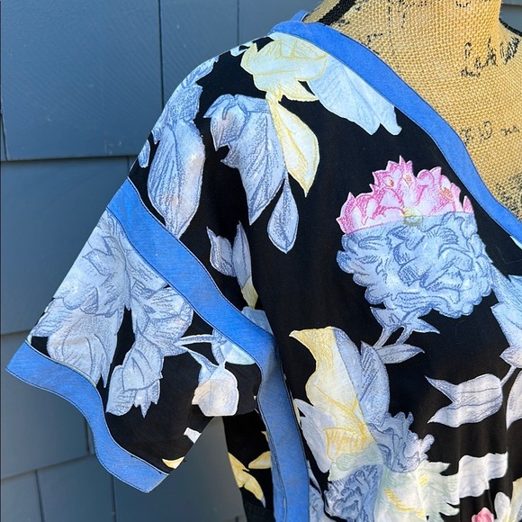 Vintage Chacok Floral V-Neck Dress with Blue Accents cotton side slits - Picture 4 of 13